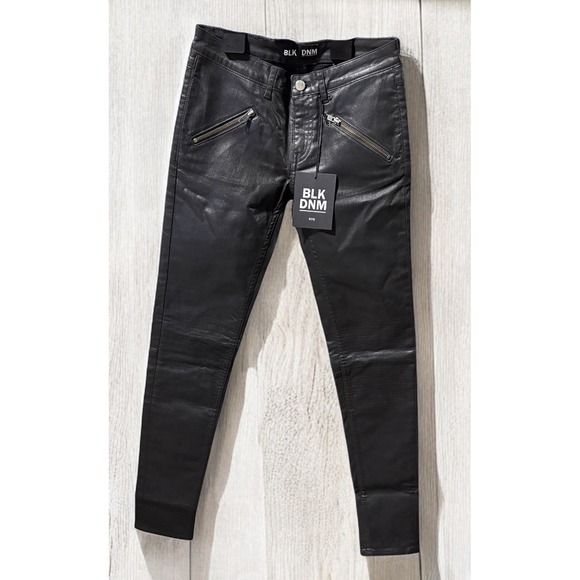 Dr. Denim Pants - BLK Black Denim Vegan Leather Moto Motorcycle Look Biker Jeans Pant Size 26 READ